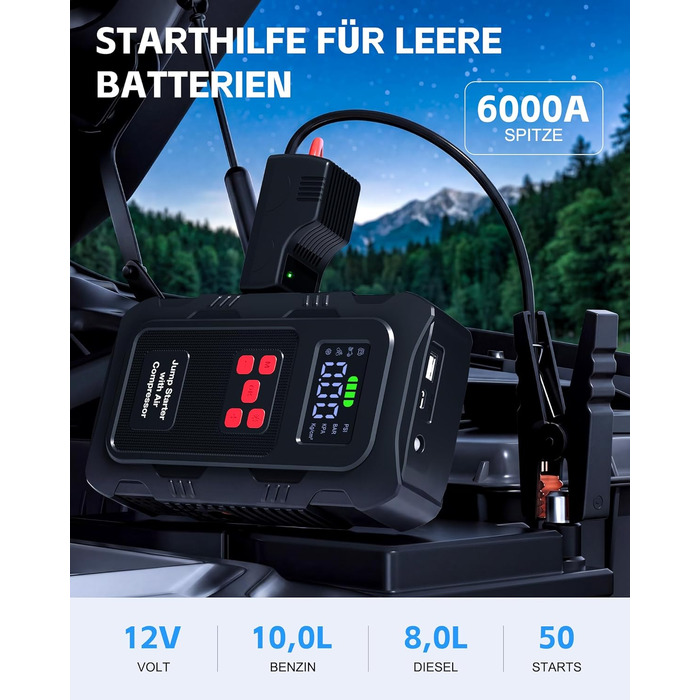 Пусковий інвертор Povasee Jump Starter 6000A з компресором 150 PSI, Powerbank для авто 12V, електричний насос та ліхтариком (Помаранчевий/Чорний/Червоний)