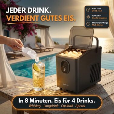 Sommertal EM12S Льодогенератор 12 кг/24 год: Машина для льоду з ручкою, швидке виробництво кулеподібного льоду (0,3 кг за 20 хв), тиха робота (50 дБ) для кухні, офісу та вечірок
