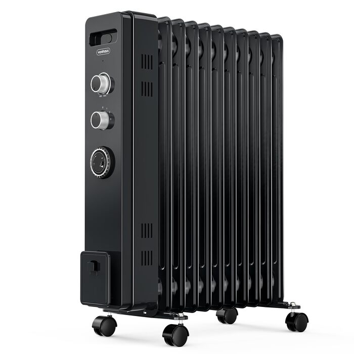 Масляний радіатор VonHaus 2500W, електричний обігрівач з термостатом, 3 режимами потужності, таймером на 24г та 11 секціями (Чорний)