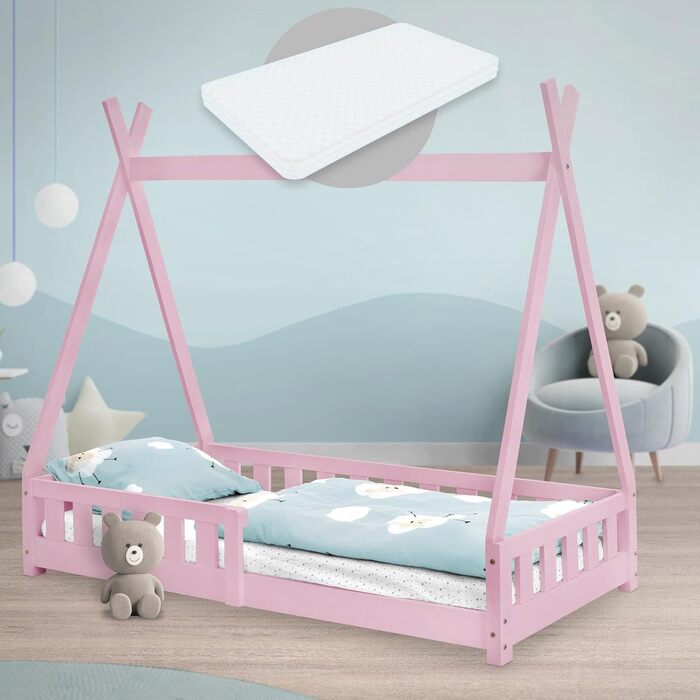 Дитяче ліжко-халапа Tipi ML-Design біле з бортиками та ламелями, з сосни, індіанське ліжко для дівчаток та хлопчиків, ліжко-будиночок з огорожею, підлогове ліжко-халапа для дітей та підлітків, ігрове ліжко-намет (80x160 см з матрацом, рожеве)