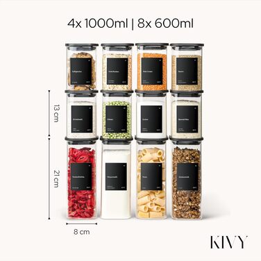 Набір скляних герметичних контейнерів для зберігання продуктів KIVY, квадратні, з кришками та етикетками, чорні, 12 шт.