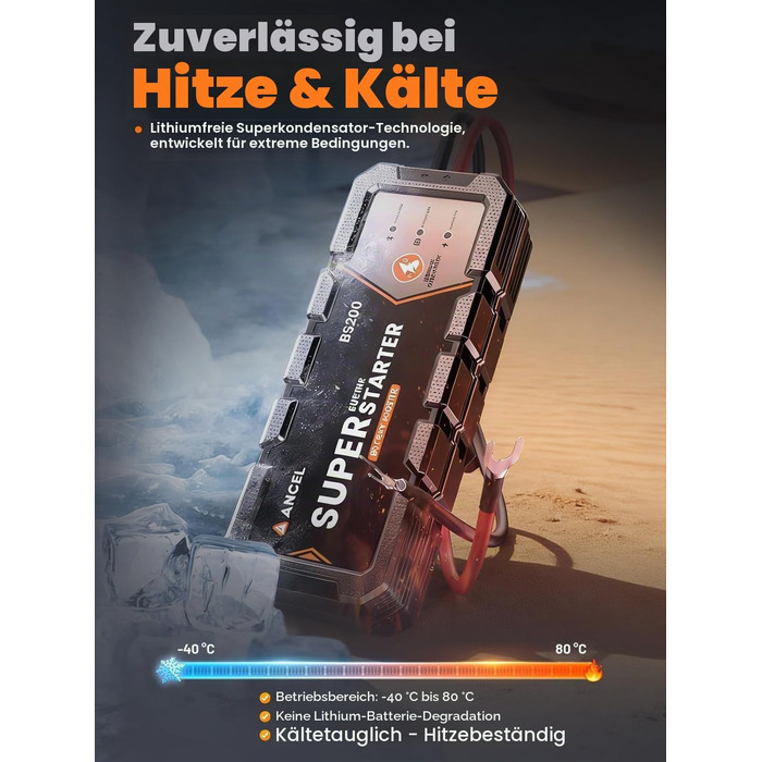 Бустер для автомобіля ANCEL BS200: автоматичний пусковий пристрій (Jump Starter) з конденсатором, 700А, монітор стану та підтримка акумулятора, чорний