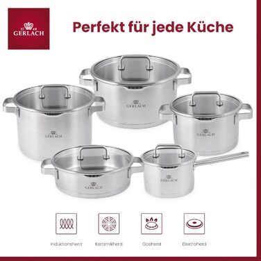Набір каструль Gerlach Prestige Plus із нержавіючої сталі для індукції, 5 штук (1,5 л, 2,5 л, 3 л, 4,5 л, 6 л), можна мити в посудомийній машині