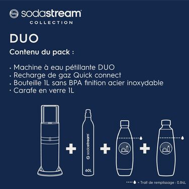 Сифон для газування води SodaStream Duo з скляним і пластиковим пляшками по 1 л, циліндр CO2 на 60 л, чорний (Stainless Finish)