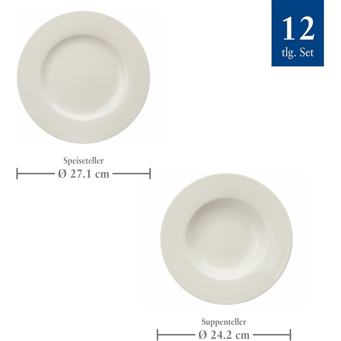 Набір столового посуду vivo by Villeroy & Boch Basic White, 12 предметів, білий, порцеляна, для 6 осіб, тарілки, супові та обідні, підходить для посудомийної машини, преміум-якість
