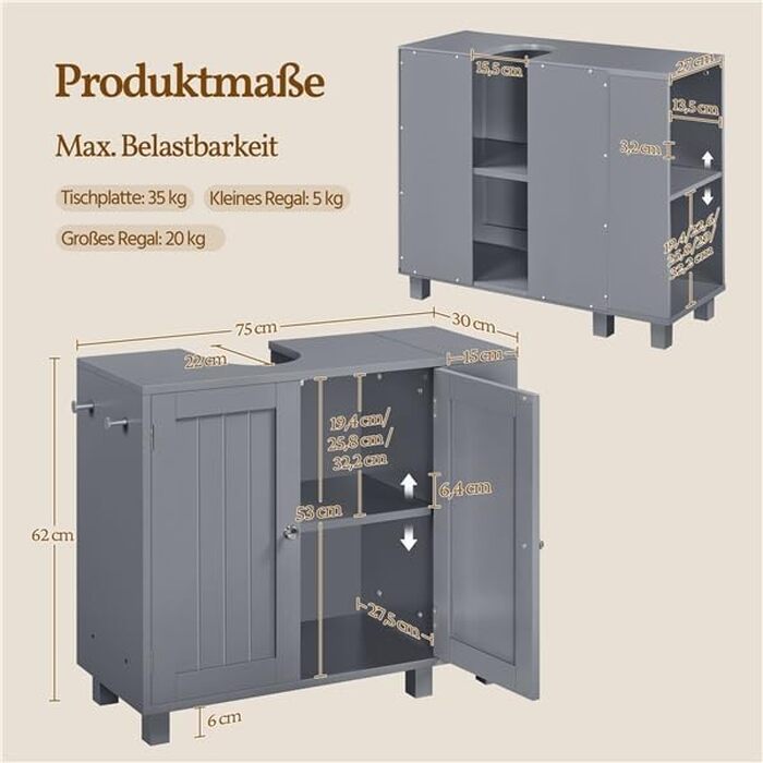 Шафа під умивальник у ванну кімнату Yaheetech з 2-ма дверцятами, регульованою полицею, темно-сіра, 75x30x62 см