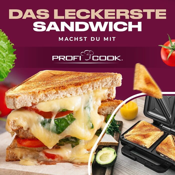 Електричний сендвічмейкер ProfiCook PC-ST 1092 для американських сендвічів XXL, антипригарне покриття, 900 Вт, сріблясто-чорний
