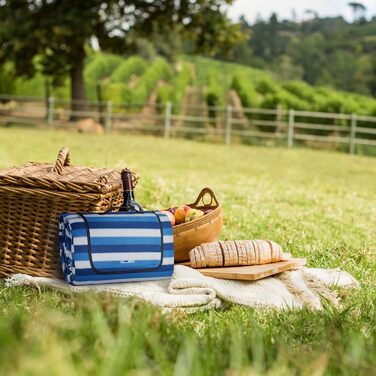 Пікнік-ковдра Relaxdays XXL 200x300 см, водонепроникна, термоізоляційна, флісова, смугаста, з ручкою для перенесення, синьо-біла