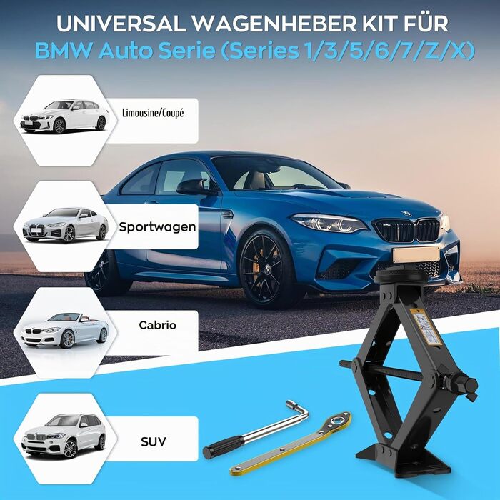Універсальний гвинтовий домкрат-ромб IMAYCC 2.5т для BMW (Серії 1, 3, 5, 6, 7, Z, X) з гумовими накладками та торцевим ключем, чорний