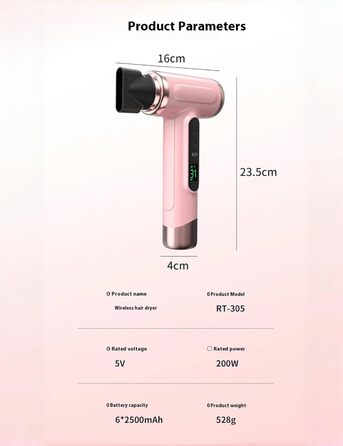 Портативний бездротовий фен для волосся Bewinner Pro Akku, 200 Вт, 15000 мА·год, 3 швидкості та температури, цифровий дисплей, для жінок, кемпінгу, білий