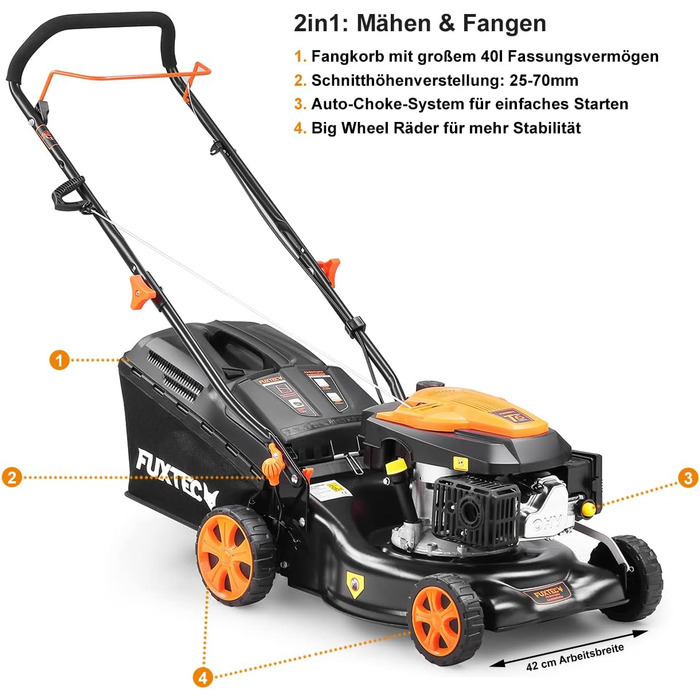 Бензинова газонокосилка FUXTEC FX-RM4646ECO 3в1 • 3,5PS, 2,6kW, 46см ширина зрізу, 50л травосбірник, мульчування, викид ззаду