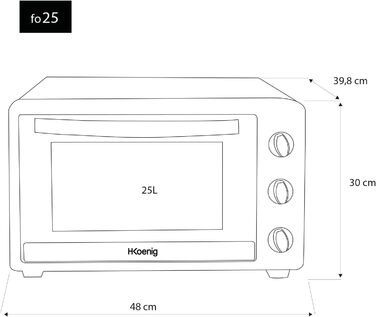 Електрична піч H.Koenig Mini Four 25L: компактна, багатофункціональна, 1500W, 4 режими, таймер, склодвері, решітка-гриль