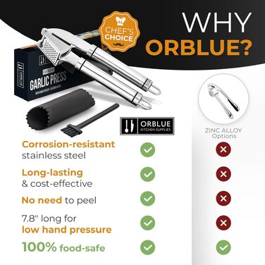Преміум прес для часнику ORBLUE з нержавіючої сталі, з силіконовим очищувачем та щіткою, міцний, можна мити в посудомийній машині