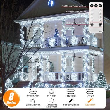 Світлодіодна гірлянда 50м 500 LED, теплий білий колір, водонепроникна з димером та 8 режимами роботи, зелений дріт