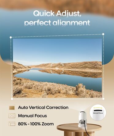 Міні-проектор Alwtniet 4K з Wi-Fi 6, Bluetooth 5.4, 5W динаміком, автоматичною корекцією трапецеїдальних спотворень, поворотним на 180°, портативний для дому та вулиці, Android 11 (ручний фокус)