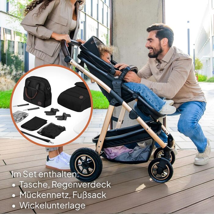 Комплексна коляска Lionelo Amber 3-в-1: люлька, автокрісло i-Size, прогулянкове сидіння, повітряні колеса, XXL капюшон UPF 50+, чорний онікс