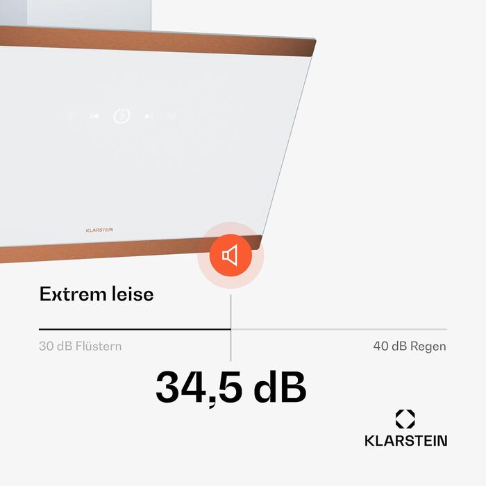 Витяжка кухонна Klarstein FlashLine 60, 60 см, сенсорне керування, продуктивність 524 м³/год, клас енергоефективності A++, LED-освітлення, низький рівень шуму 34,5 дБ, білий/мідний, режим відведення та рециркуляції повітря