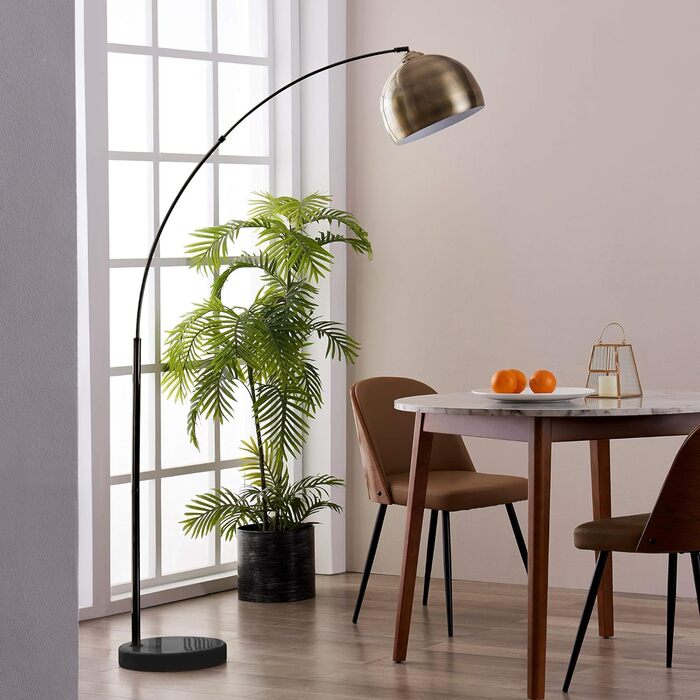 Торшер Teamson Home Arquer з арочною LED-дугою, чорний, із мармуровою підставкою та латунним абажуром для вітальні чи їдальні, сучасний дизайн