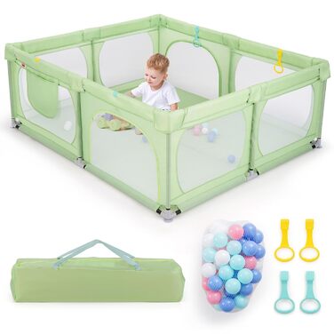 Дитячий ігровий манеж COSTWAY 189x158 см, з 50 кульками, 4 ручками та 4 дверцятами на блискавці, дихаюча сітка, зелений, без матраца