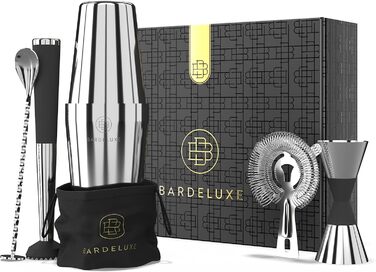 BarDeluxe Бостонський шейкер 5 в 1, набір бармена з нержавіючої сталі 750 мл, коктейльний мікс-набір, аксесуари для коктейлів, подарунковий набір із сумкою та рецептурником, сріблястий