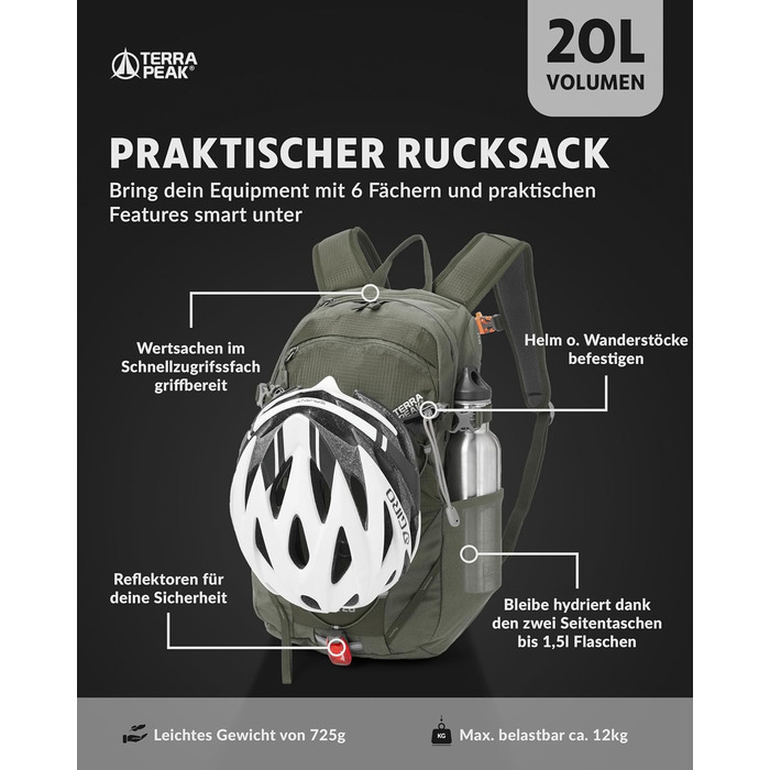 Рюкзак Terra Peak Flex 20L преміум, оливковий – туристичний рюкзак з вентиляцією спини, питною системою, дощовиком, 3D Air Mesh поліестер, поясом, для трекінгу та подорожей