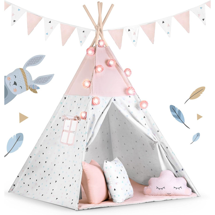 Дитячий намет NUKIDO у стилі Монтессорі: бавовна, дерев'яний каркас, ізоляційний килимок, 3 подушки, гірлянда, повітряний, рожевий