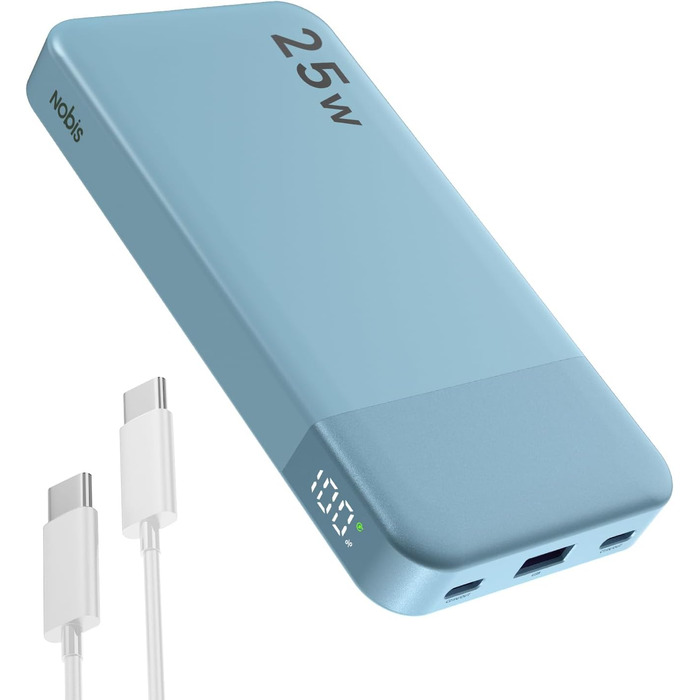 Power Bank NOBIS 10000mAh з цифровим дисплеєм, USB-C, швидка зарядка PD/QC, 25W, блакитний