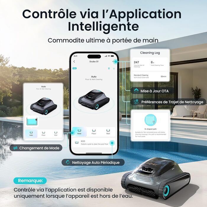 Робот-пилосос для басейну AIPER Scuba S1 з акумулятором (240 хв), фільтрацією, очищенням стін та водної лінії, керування через додаток, для басейнів до 150 м² сірий