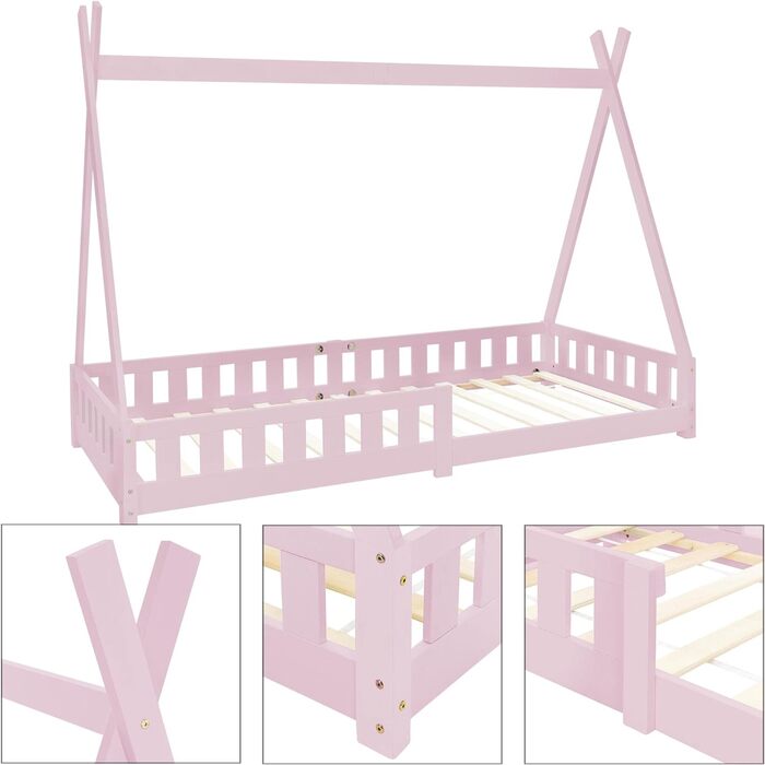 Дитяче ліжко-хатинка Tipi ML-Design 90x200 см рожеве з бортиком, дерев'яне з масиву сосни, індіанський дизайн, з ламелями, для дівчаток, ігрове ліжко-намет
