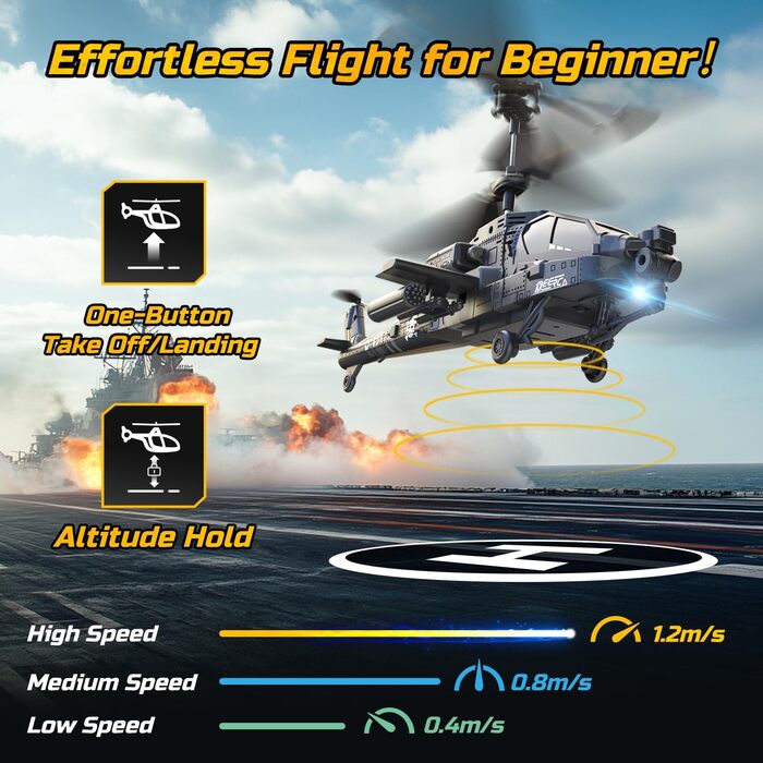 Радіокерований вертоліт DEERC Apache 2.4GHz, 2 акумулятори, 26 хв польоту, LED, стабілізація висоти, автоматичний зліт, чорний – ідеальний подарунок для хлопчиків