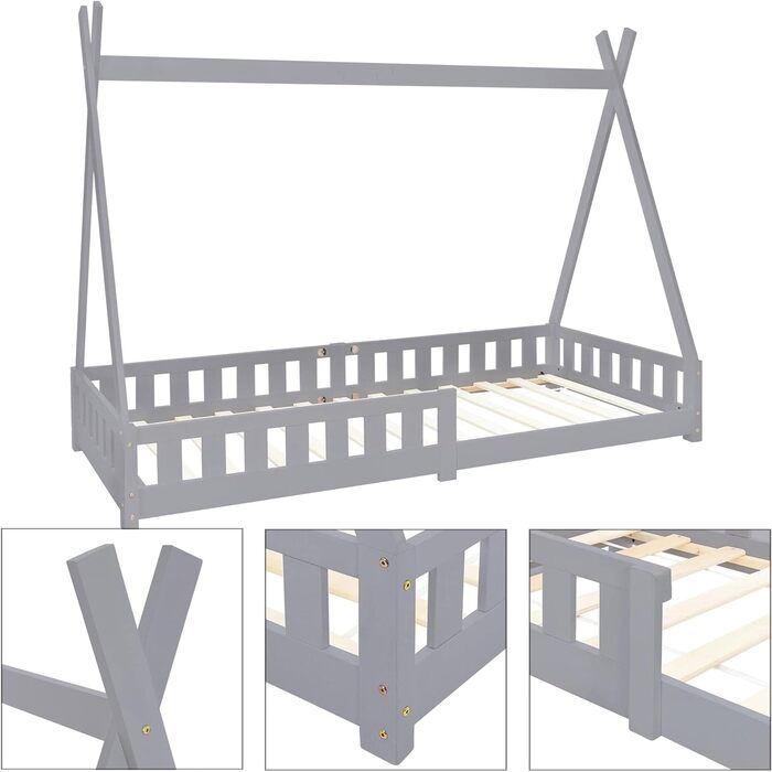 Дитяче ліжко Tipi ML-Design 90x200 см, світло-сіре, з бортиком і ламелями, з масиву сосни, індіанський будиночок для дівчаток і хлопчиків, ігрове ліжко-затишне намет-домік