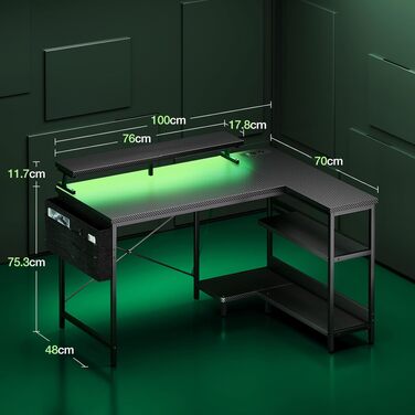 Ігровий кутовий стіл Coleshome з полицями та USB-розетками, з LED-підсвіткою для дому та офісу