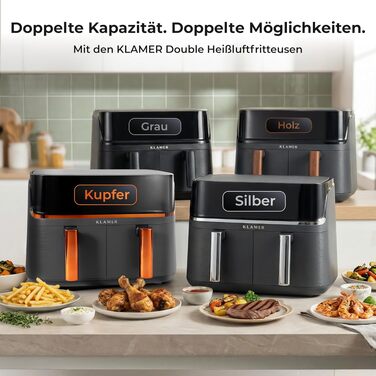 Аерофритюрниця KLAMER Duo 9L з двома кошиками, цифровим дисплеєм та 10 програмами, 3000 Вт, срібляста