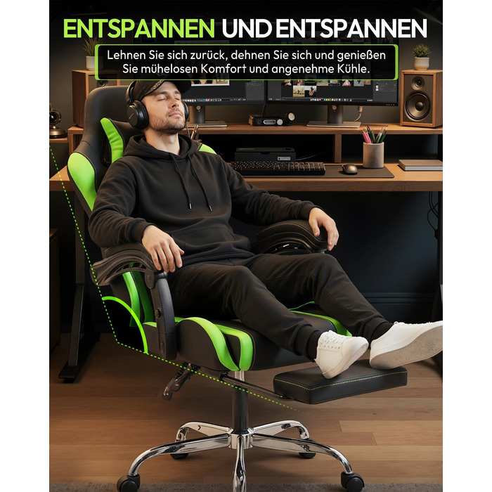 Ігрове крісло Dowinx Ergonomic Gaming Chair з підставкою для ніг, регульованими підлокітниками, навантаження до 150 кг, колір Зелений Pro