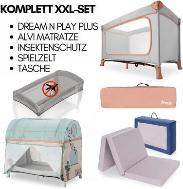 Дитяче складне ліжечко Hauck Dream N Play Plus XXL з матрацом, ігровим наметом та антимоскітною сіткою, переносна сумка, великий вхід, Dusty Cork
