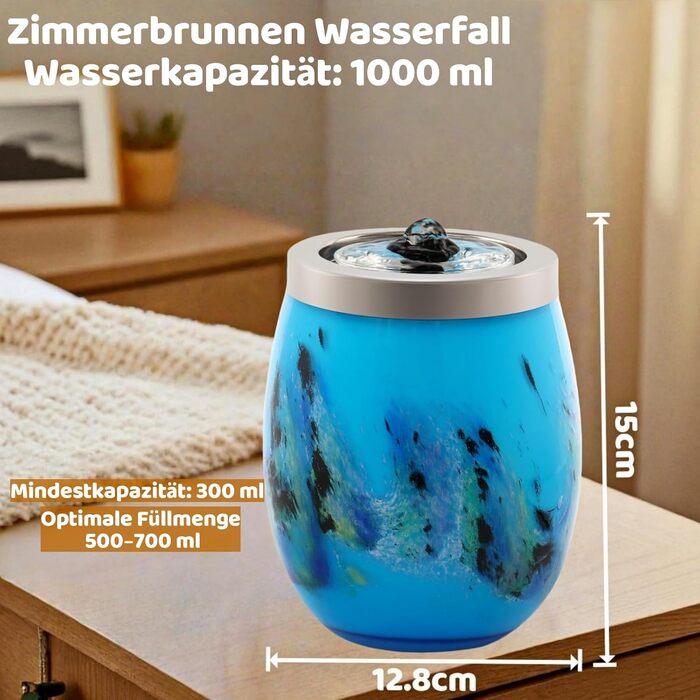 Декоративний фонтан VOREEN Zimmerbrunnen з підсвіткою LED, виготовлений з видувного скла, для вітальні, спальні та офісу, 15 см (Синій, S)