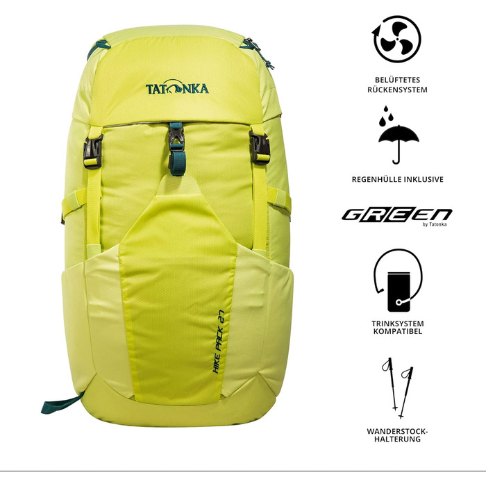 Рюкзак Tatonka Hike Pack 27 л з вентиляцією спини та дощовиком, легкий туристичний рюкзак для жінок і чоловіків, лайм