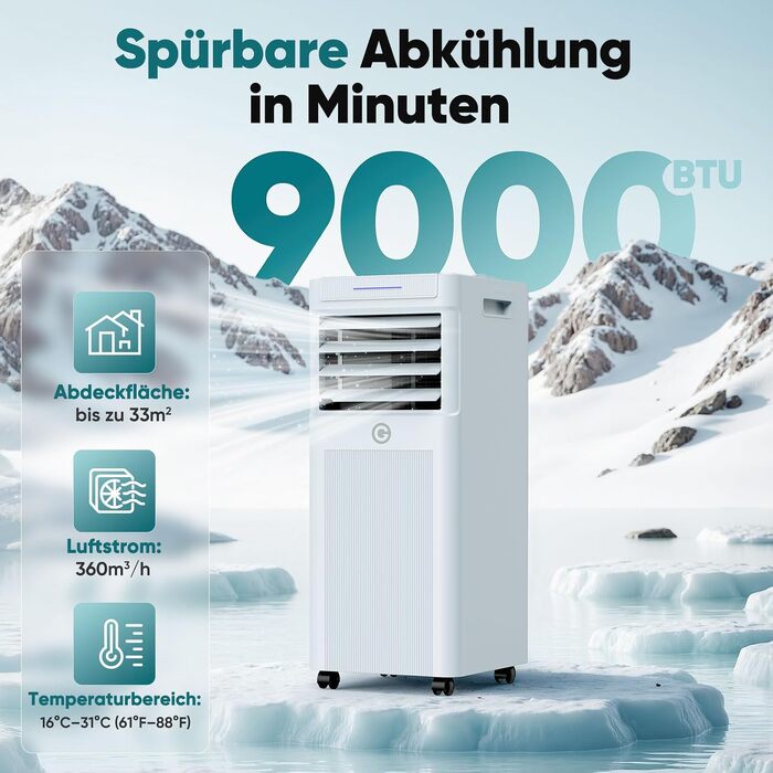 Мобільний кондиціонер 9000 BTU 3-в-1: охолодження, осушення, вентиляція. Пульт, таймер, енергоефективний. Для приміщень до 90 м³ (33 м²)