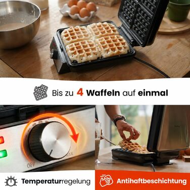 Вафельниця електрична Duo 1200W з антипригарним покриттям та регулюванням температури, на 4 вафлі, срібляста
