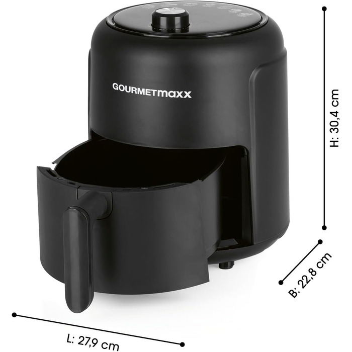 Фритюрниця з гарячим повітрям GOURMETmaxx 2,3 л, 1000 Вт, 9 програм, таймер 60 хв, енергозберігаюча, майже без олії, матова чорна