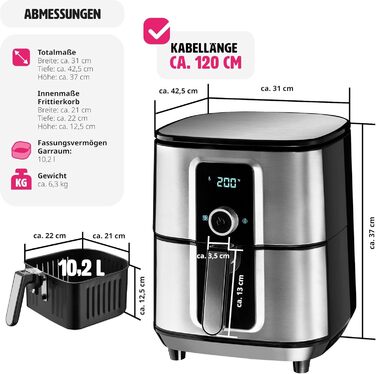 Tectake XXL аерофритюрниця 10,2 л, без олії, 8 програм, сенсорний дисплей, срібляста, рецепт у комплекті
