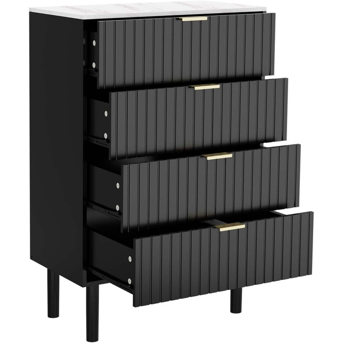 Комод UEV з 4 шухлядами, 60x34x94 см, вузький комод з мармуровою стільницею, шафа для зберігання у вітальню, спальню, коридор, чорний