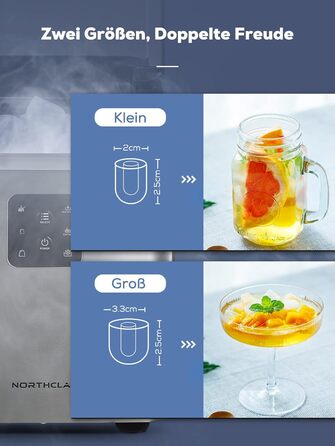 Льодогенератор NORTHCLAN з самоочищенням, 14 кг/24 год, 2 розміри льоду, LED-дисплей, 2л резервуар, сріблястий