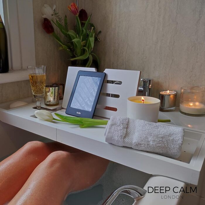 Підставка для ванни Deep Calm з бамбука - регульована, антиковзка, для книг, iPad, телефону, склянки, свічки (біла)