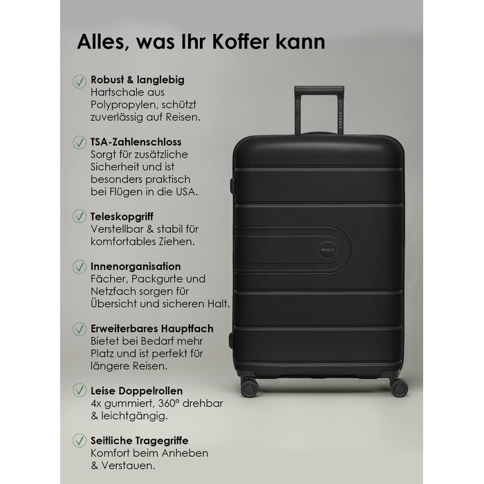 Валіза для подорожей REDOLZ Essentials 11 XL, пластикова, чорна, 76x51x32 см, з TSA-замком та розширенням