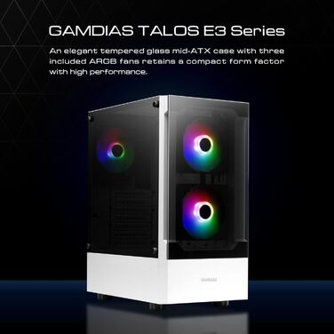 Ігровий корпус GAMDIAS ATX Mid-Tower, 3x120мм ARGB вентилятори, білий, скляна бокова панель, сітчаста передня панель, PSU-кожух