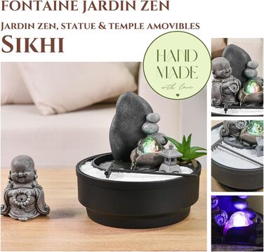 Настільний фонтан-дзен сад Sikhi Zen'Light з фігуркою Будди, кольоровою LED-підсвіткою та білим піском, 21 см — Декоративний фонтан для релаксації та інтер'єру
