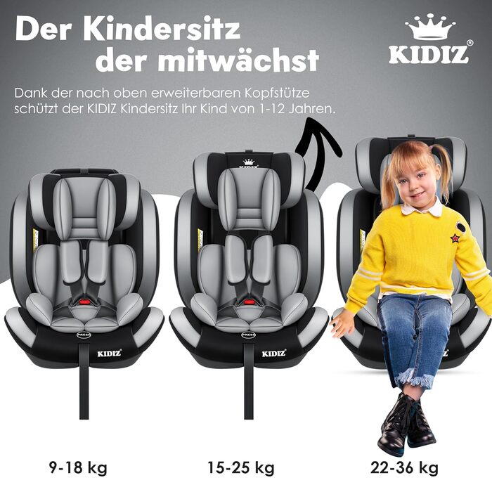 Дитяче автокрісло KIDIZ з Isofix, група 1/2/3, 9-36 кг, регульований підголівник, 5-точковий ремінь, сіре, для дітей 1-12 років