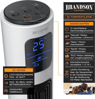 Brandson ECO Тихий турмовентилятор з DC-мотором, 12 швидкостей, напольний вентилятор із таймером, дистанційне керування, енергоощадний, дуже тихий, преміум-якість, переможець 2025