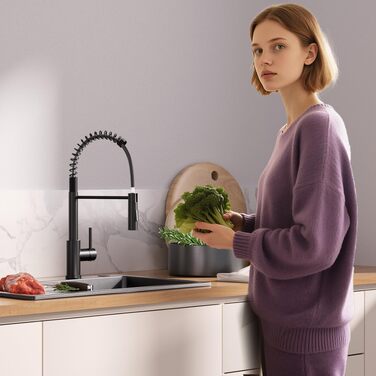 Змішувач для кухні Cecipa з висувним душем, високий, чорний - кухонна арматура високого тиску з двома режимами подачі води